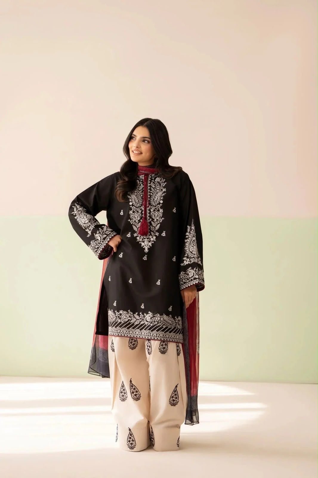 Dhanak Embroidered 3-Piece Suit - Pezwan Brand