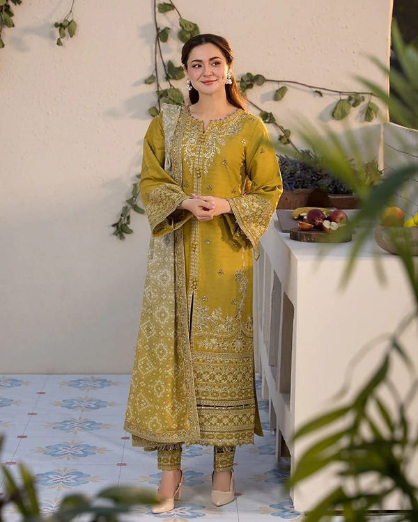 Mustard Yellow Embroidered Tunic with Chiffon Dupatta & Pants